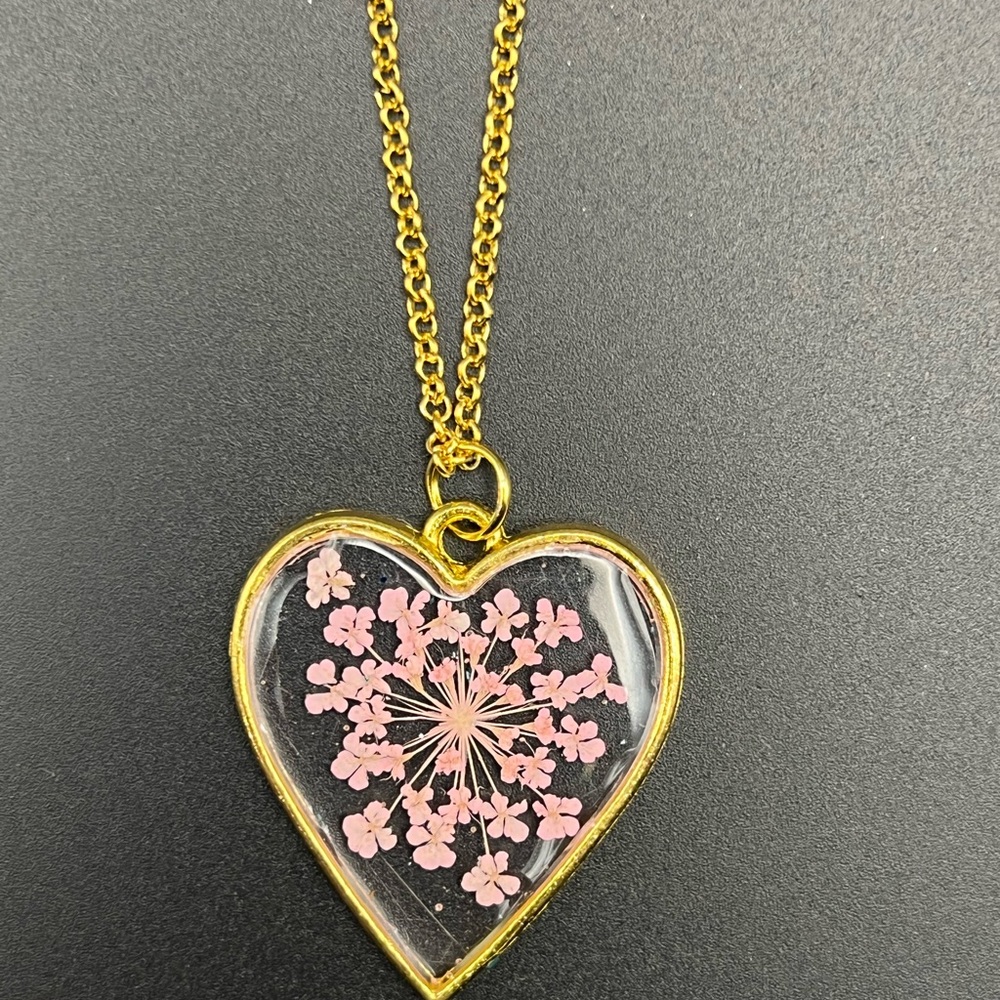 Gold Heart Pendant Necklace with Pink Floral Design